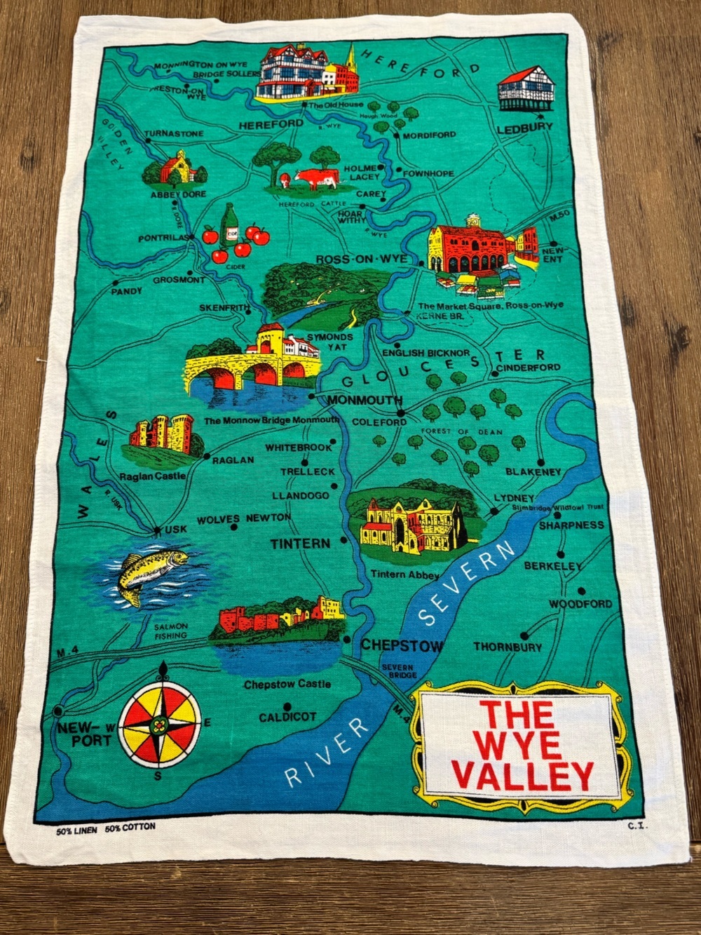 Vintage Retro Tea Towel The Wye Valley New Port 50% Cotton 50% Linen